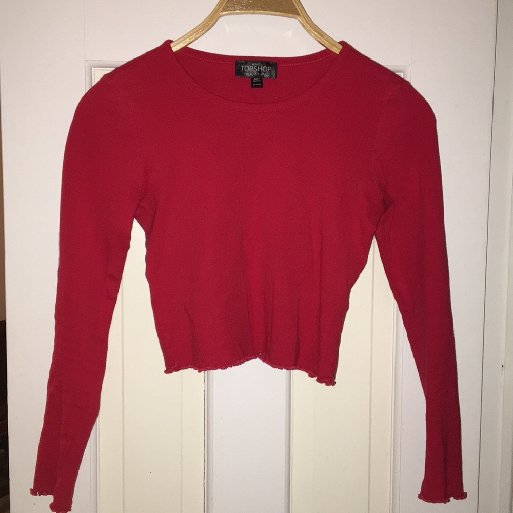 Topshop Red Ruffle Hem Long Sleeve Top